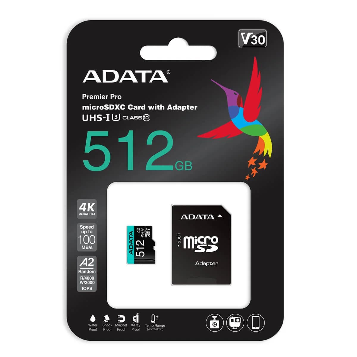 ADATA Premier Pro 512GB microSDXC UHS-I U3 V30 A2 Memory Card with SD Adapter